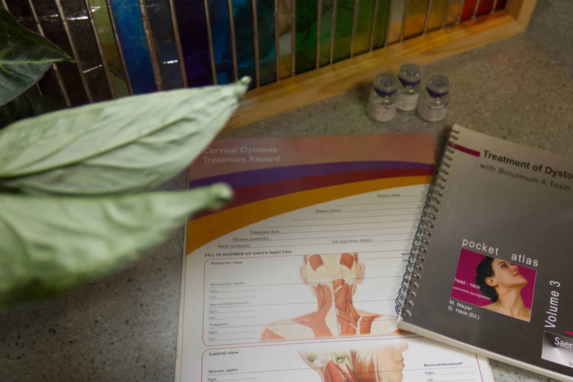 Medical documents and vials on table showing muscle anatomy for cervical dystonia treatment with botulinum toxin.