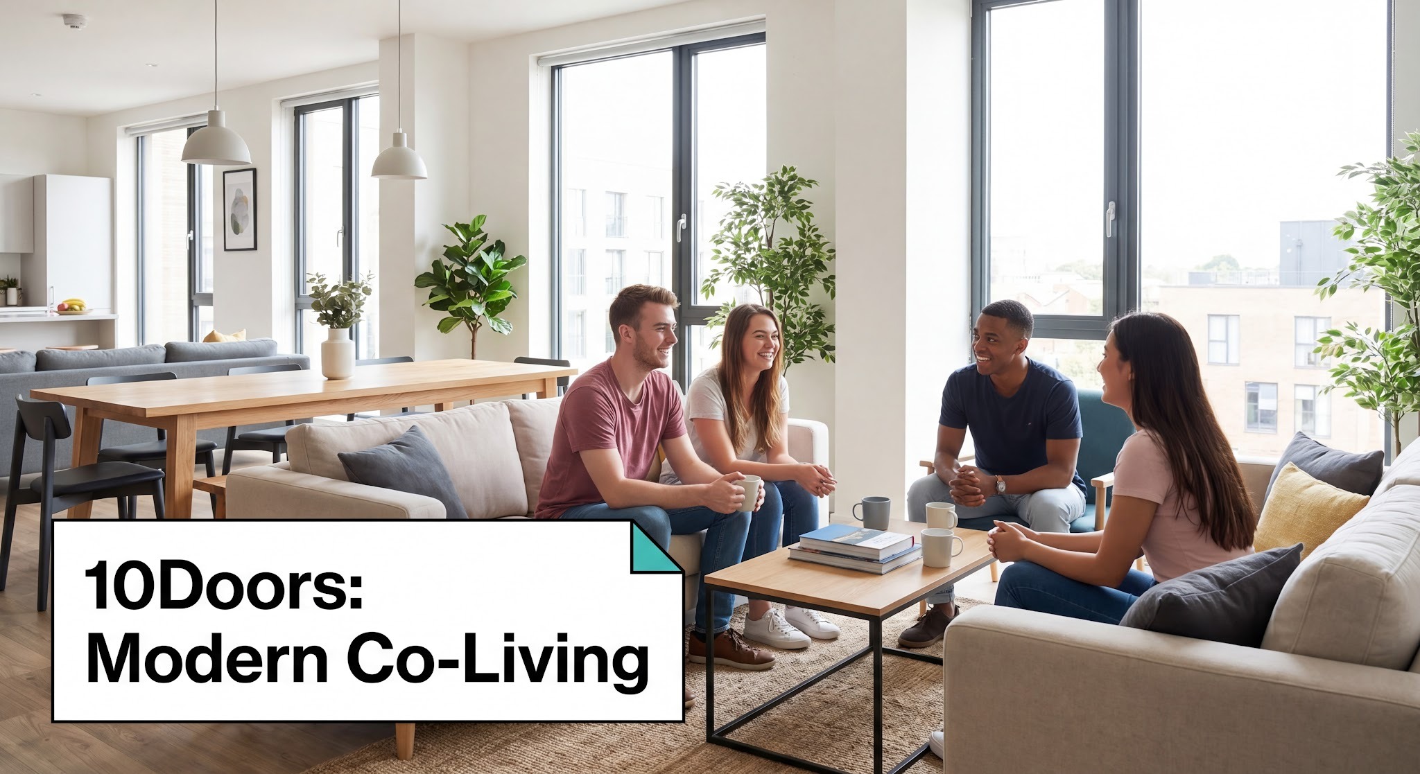 Espace commun lumineux d'une maison 10Doors avec salon moderne, colocataires partageant un moment convivial