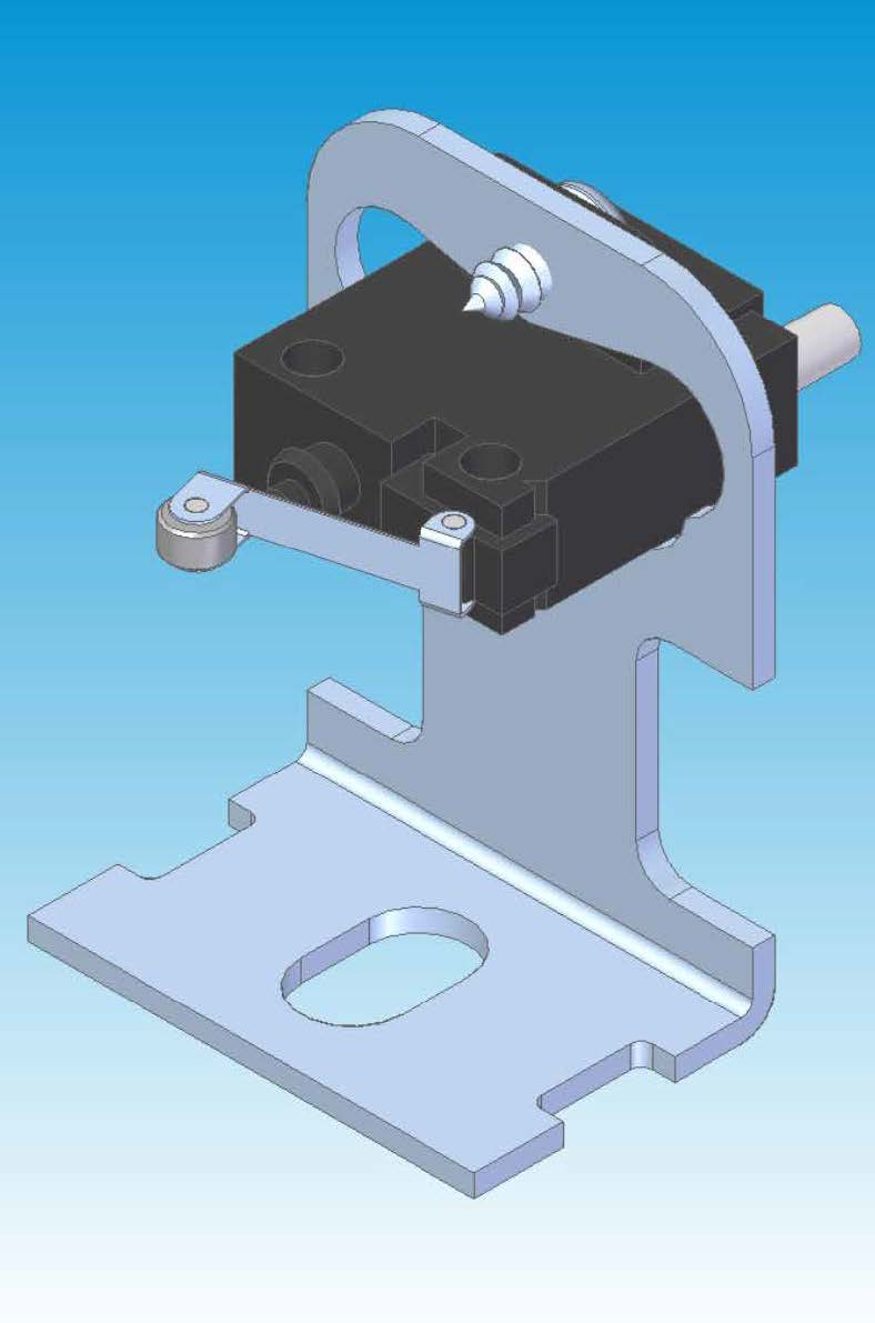 3D-Darstellung einer Schlaffseilsicherung für Sektionaltore. Ein schwarzer Mikroschalter mit einem beweglichen Hebelarm und einer kleinen Rolle ist auf einer abgewinkelten Metallhalterung montiert.
