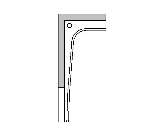 Schematische technische Zeichnung im Querschnitt, die ein abgewinkeltes Profil mit einer kleinen kreisrund dargestellten Bohrung im Eckbereich sowie eine angrenzende, geschwungene Linienführung zeigt, wie sie typischerweise zur Illustration von Einbau- oder Konstruktionsdetails bei Sektionaltoren verwendet wird.