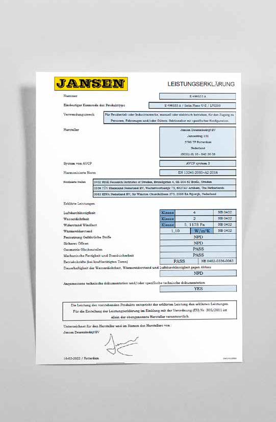 Fotografie eines offiziellen Dokuments mit der Aufschrift „JANSEN LEISTUNGSERKLÄRUNG“ auf weißem Papier. Das Dokument enthält strukturierte Tabellen und Angaben zum Produkt (unter anderem die Nummer E 496533 A), zum Hersteller Jansen Deurenbedrijf BV in Rotterdam, zum Verwendungszweck, zu harmonisierten Normen (EN 13241:2003+A2:2016) sowie erklärte Leistungen wie Luftdurchlässigkeit (Klasse 4), Wasserdichtheit (Klasse 2), Widerstand gegen Windlast (Klasse 5, 1178 Pa) und Wärmewiderstand ($1.10\text{ W/m}^2\text{K}$). Im unteren Bereich befinden sich eine Unterschrift und das Datum 16-03-2022 / Rotterdam.