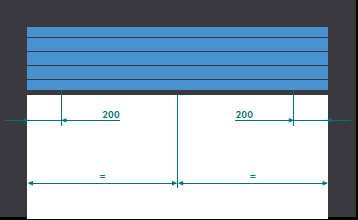 Technische Skizze auf dunklem Hintergrund mit Maßangaben, die im unteren Bereich horizontal in zwei gleiche Hälften unterteilt ist (gekennzeichnet durch Gleichheitszeichen „=“). Im oberen Bereich sind horizontale blaue Streifen als Darstellung von Sektionaltor-Paneelen abgebildet, zu denen jeweils Maßlinien mit dem Wert „200“ von den Außenkanten führen.