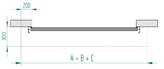 Technische Zeichnung im Querschnitt, die Einbaumaße und Bemaßungen (wie 200, 300 sowie A + B + C) für den Einbau eines Sektionaltores veranschaulicht.