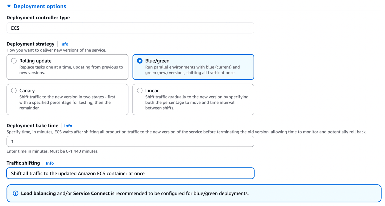 Amazon ECS console deployment options with the Blue/green strategy selected, a bake time of 1 minute and traffic shifting set to shift all traffic at once.