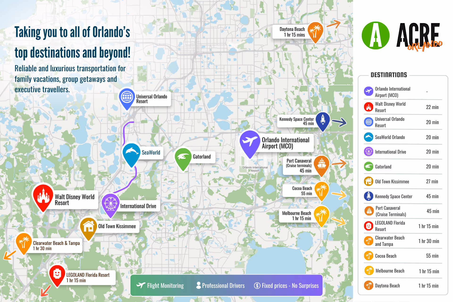 a map over the most popular Orlando attractions