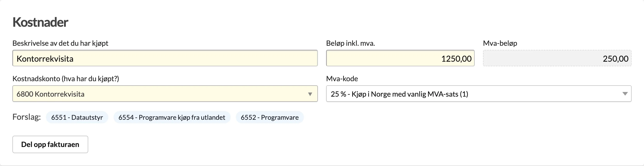 Registrering av kjøp med kontoforslag og utfylt mva-kode