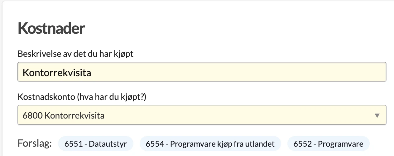 Registrering av kjøp med kontoforslag og utfylt mva-kode
