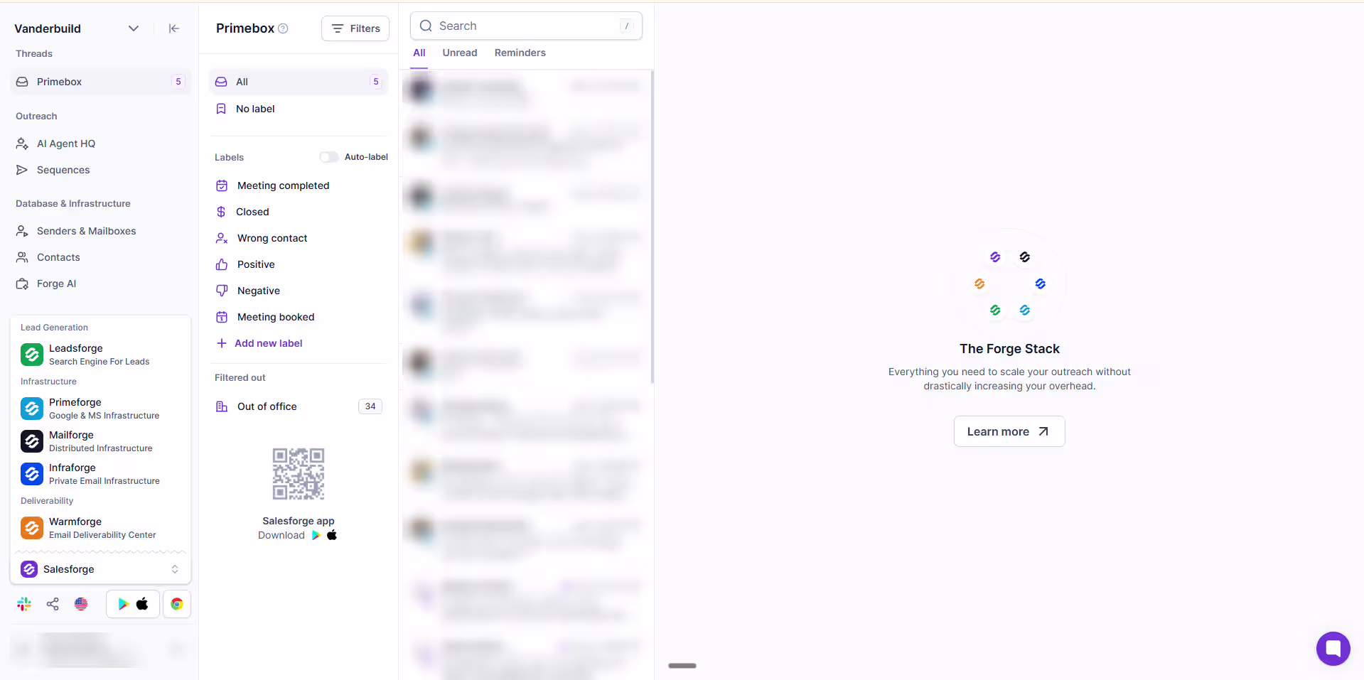 Full workspace view after login, showing the left nav with all Forge products visible. Blur campaign names and any client identifiers.