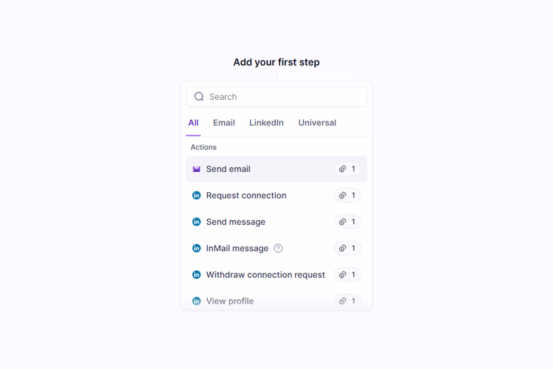 Salesforge sequence step picker showing each action priced at one credit." Caption: Every action costs one credit, whether it is an email or a LinkedIn step