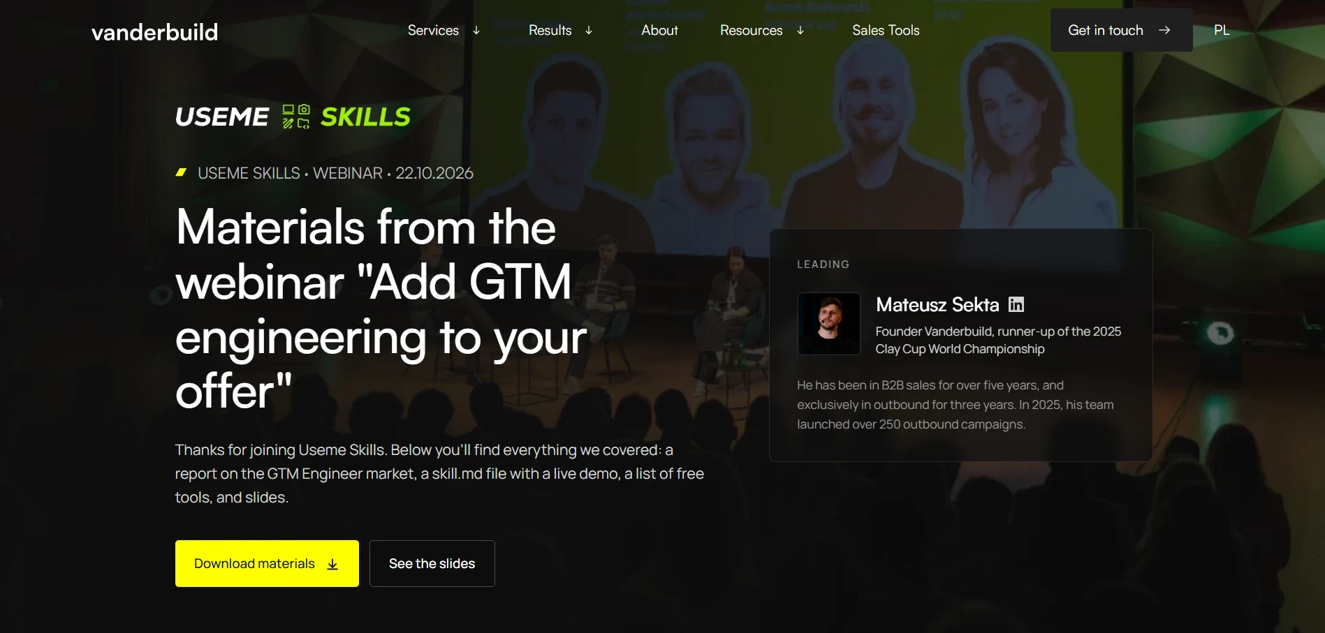 The Vanderbuild page with materials from the Useme Skills webinar
