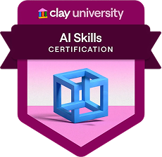 Clay University AI Skills Certification badge with a blue 3D cube on a pink background.