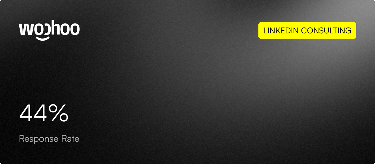 Woohoo logo, 44% response rate, and a yellow label reading LinkedIn Consulting on a dark background.