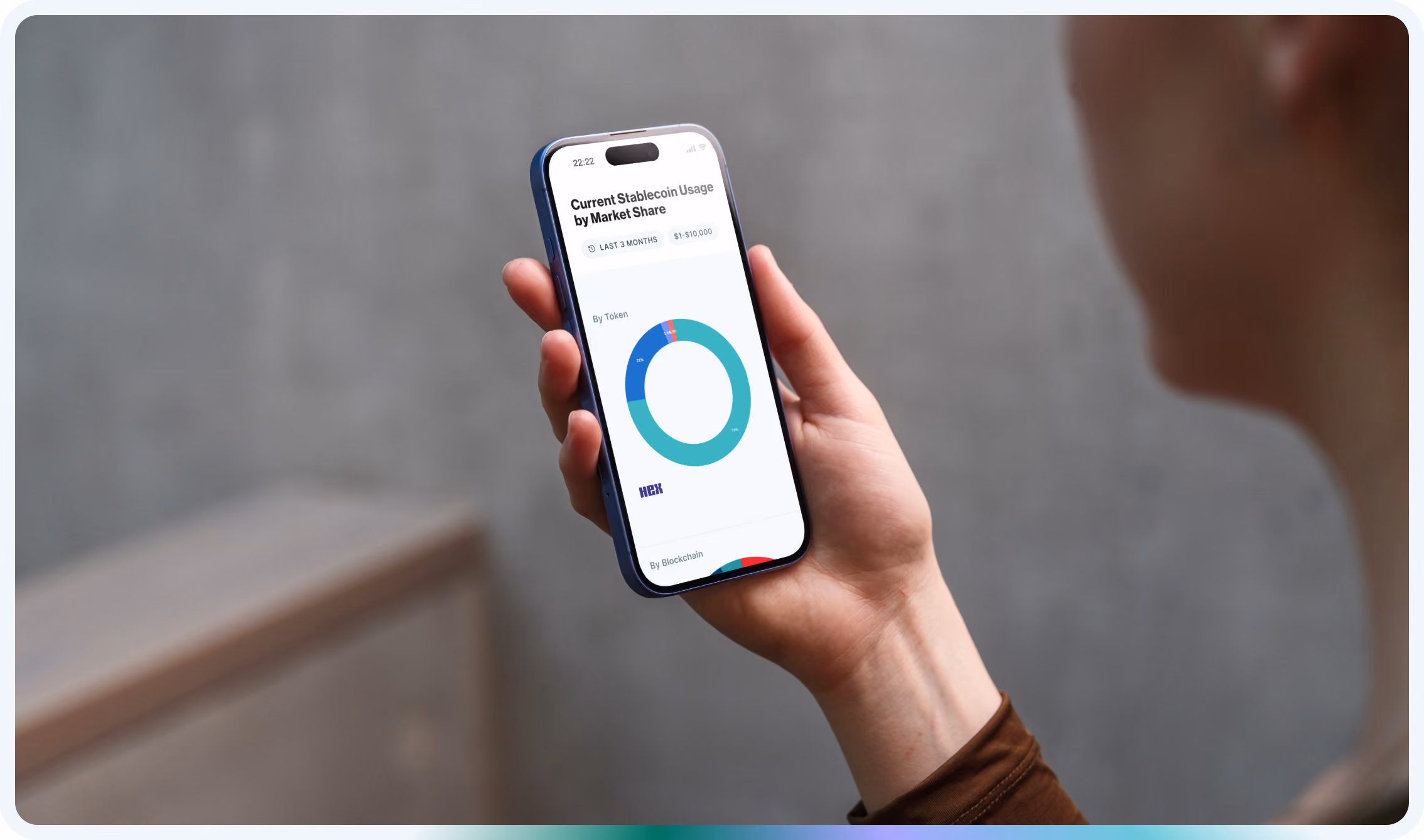 Hand holding a phone that shows a stablecoin exchange report chart