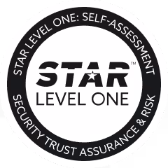 Circular badge with text STAR LEVEL ONE in the center and surrounding text STAR LEVEL ONE: SELF-ASSESSMENT SECURITY TRUST ASSURANCE & RISK.