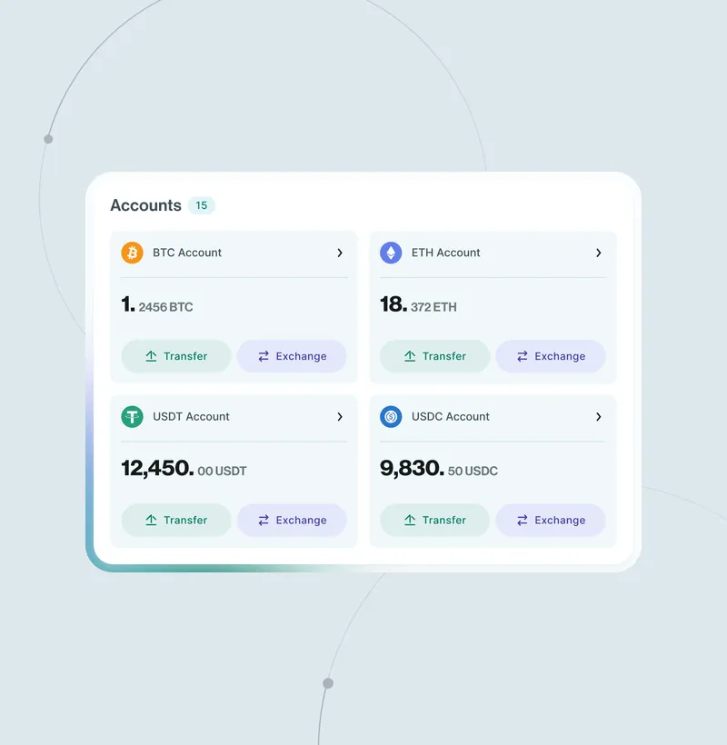 User interface showing four cryptocurrency accounts: BTC with 2456 BTC, ETH with 18.372 ETH, USDT with 12,450 USDT, and USDC with 9,830.50 USDC, each with Transfer and Exchange buttons.