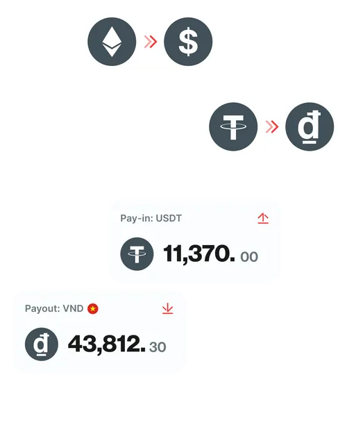 Illustration showing conversion from Ethereum to dollar, and Tether (USDT) to Vietnamese dong (VND) with pay-in amount 11,370 USDT and payout amount 43,812.30 VND.
