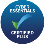Blue circular badge with text 'Cyber Essentials Certified Plus' and a green and blue checkmark.