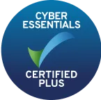 Blue circular badge with text 'Cyber Essentials Certified Plus' and a green and blue checkmark.