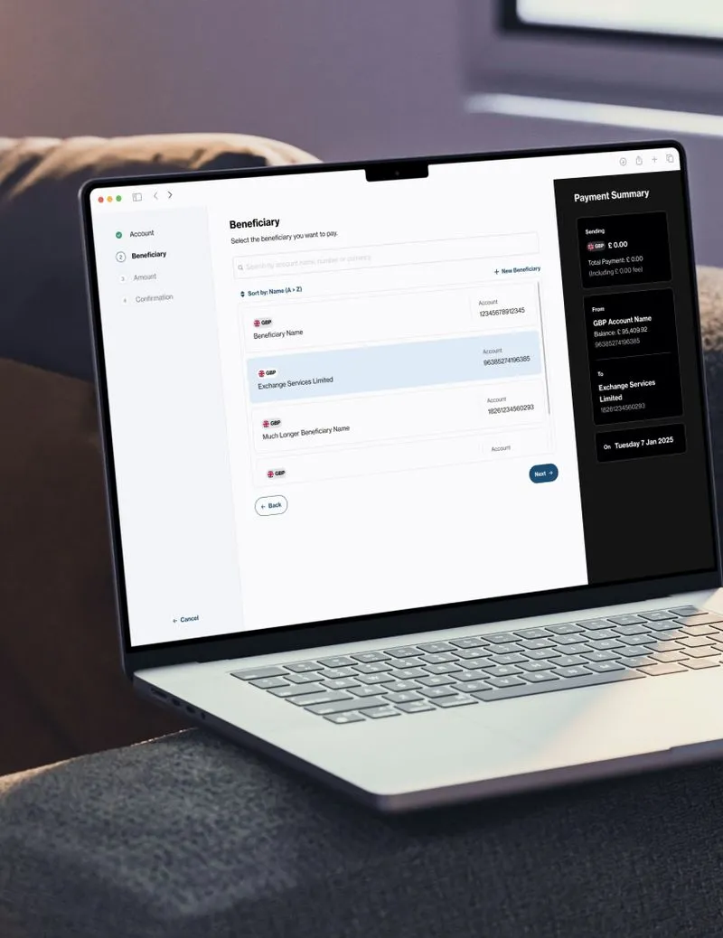 Laptop showing a payment interface with beneficiary selection, account details, and a payment summary panel.