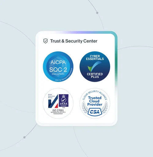 Trust & Security Center with badges for AICPA SOC 2, Cyber Essentials Certified Plus, ISO 27001 Information Security Management, and Cloud Security Alliance Trusted Cloud Provider.