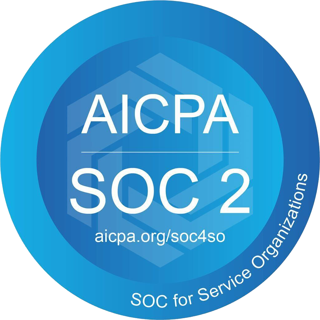 Blue circular badge with text AICPA SOC 2 and the URL aicpa.org/soc4so, with SOC for Service Organizations along the bottom edge.