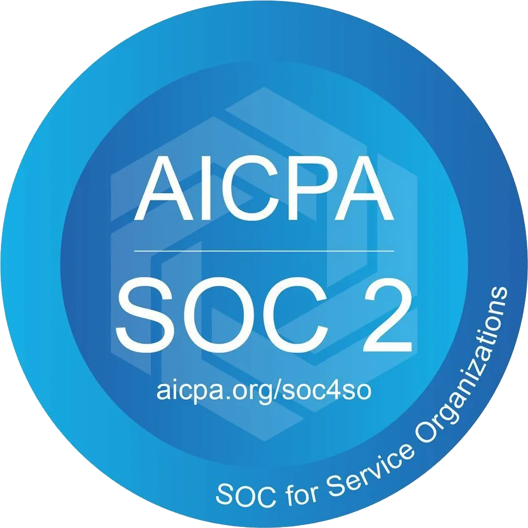 Blue circular badge with text AICPA SOC 2 and the URL aicpa.org/soc4so, with SOC for Service Organizations along the bottom edge.