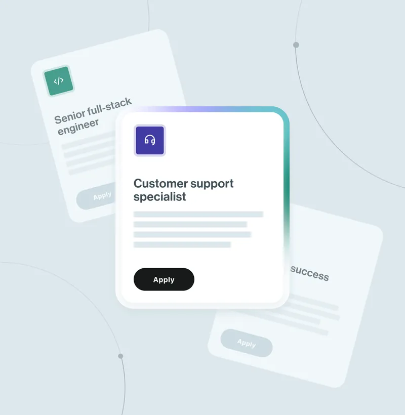 Three job listing cards on a light background showing roles: senior full-stack engineer, customer support specialist, and a partially visible third card.