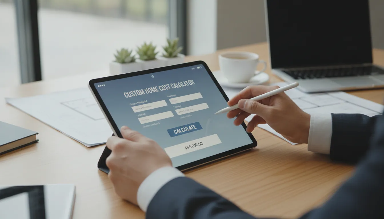 Person using a custom home building cost calculator on a tablet.