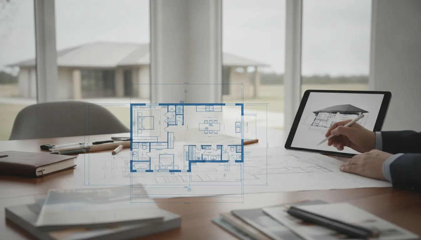 Architect reviewing ranch house floor plans and a 3D model on a tablet.