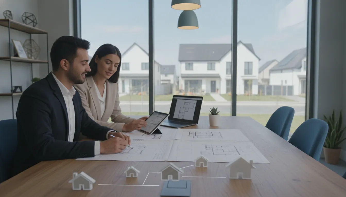 Couple reviewing floor plans and listings for new homes in a builder's office.
