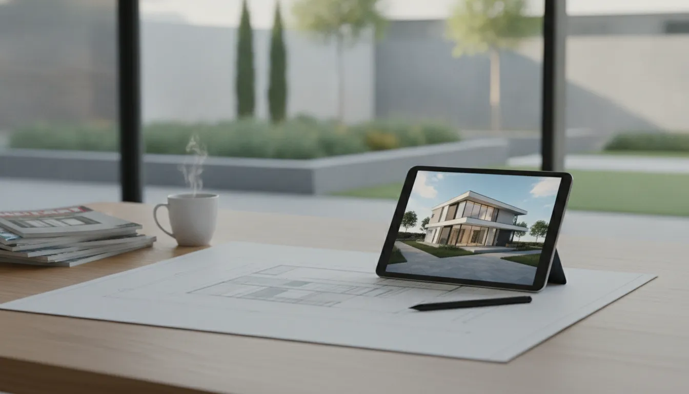 Modern house design plans on a tablet next to architectural drawings.