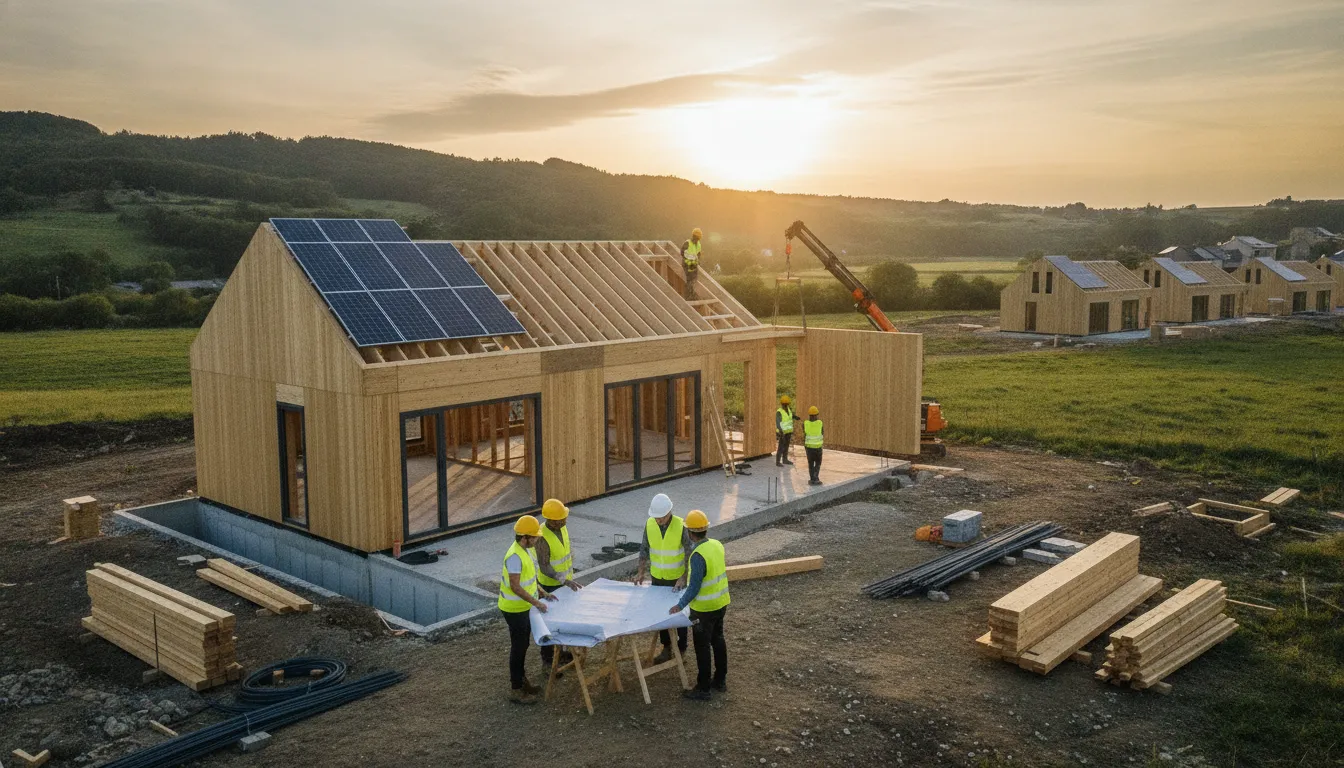 A construction crew works to build a house, installing wood framing and solar panels.