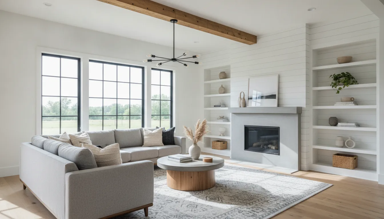 Bright modern farmhouse living room with an exposed beam, shiplap walls, and a large neutral sofa.