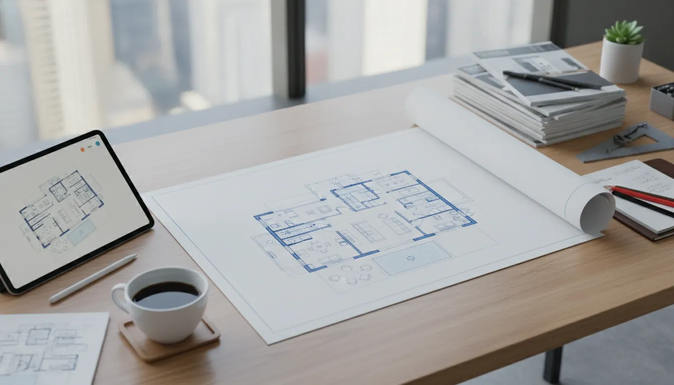 House floor plans on paper and a tablet on an architect’s desk with drafting tools.