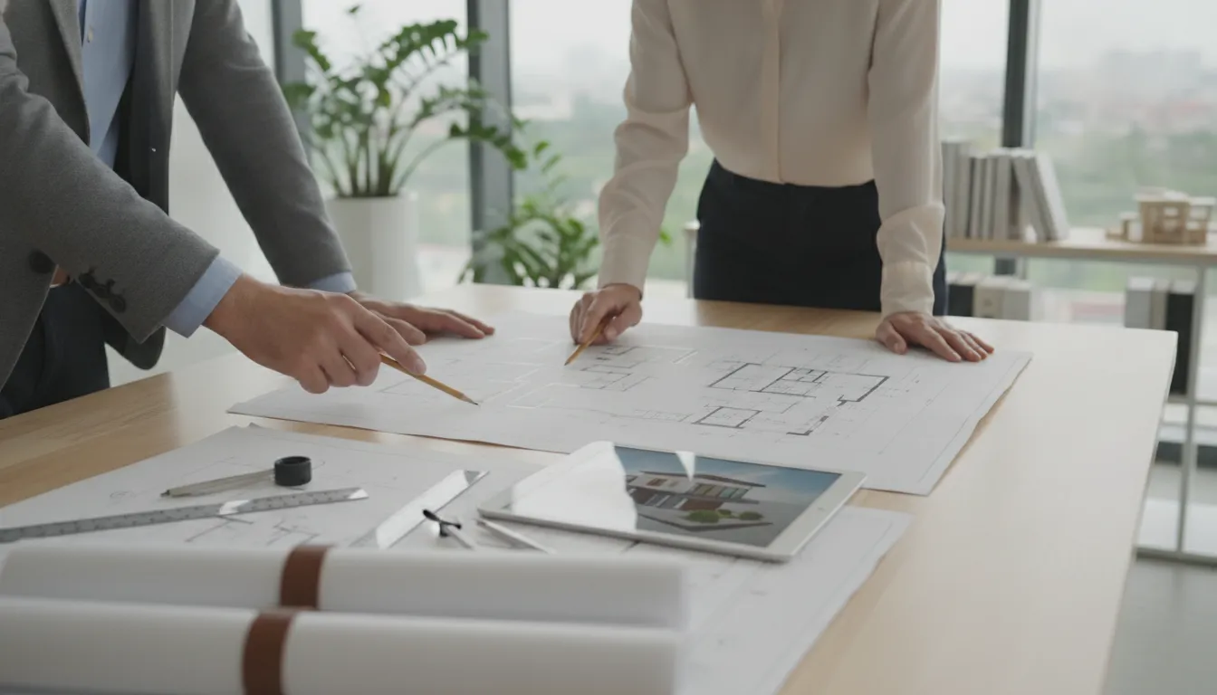 Two people reviewing house plans on a desk to choose the perfect layout.
