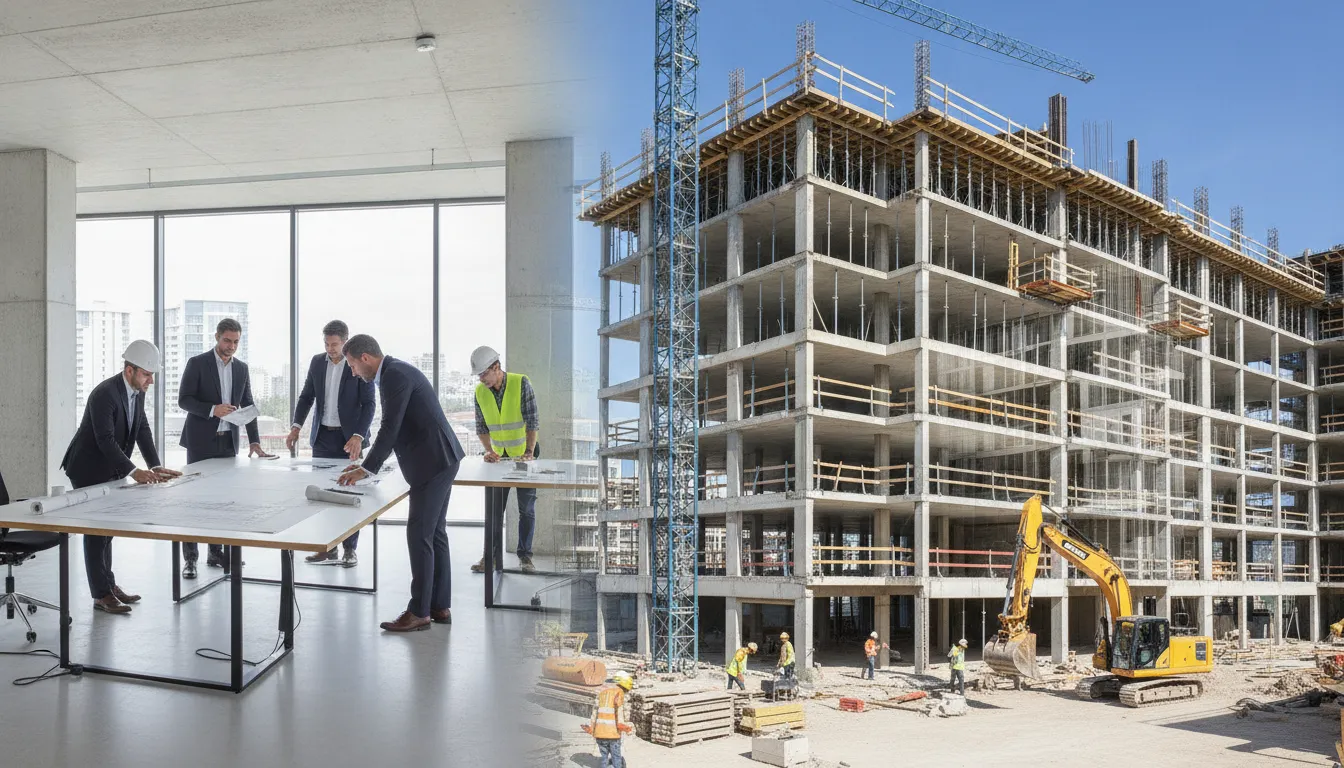 Design and build construction company team reviewing blueprints and building the structure on-site.