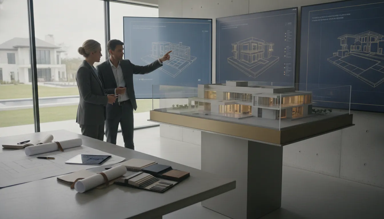 Architects reviewing luxury custom home plans with an architectural model and blueprints.
