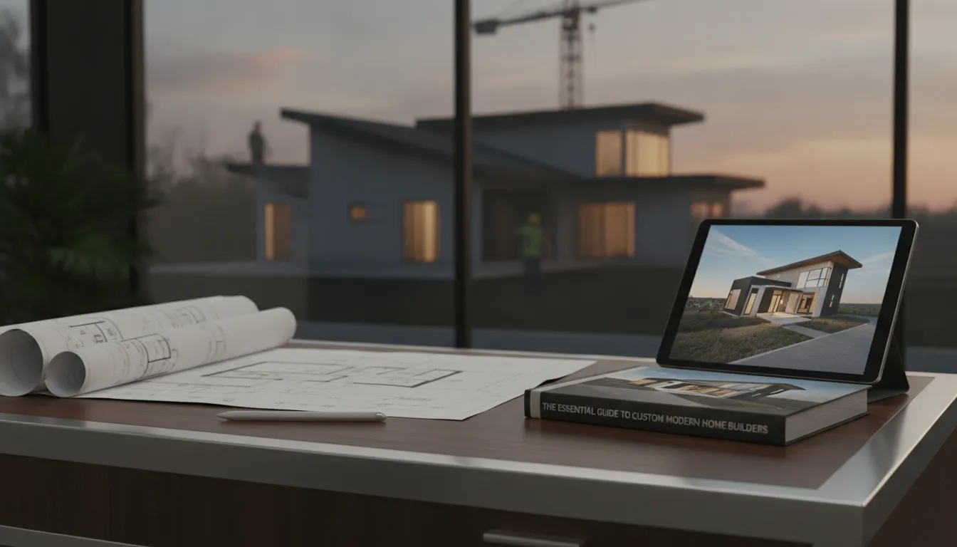A custom modern home builder's plans on a desk overlooking the construction site.