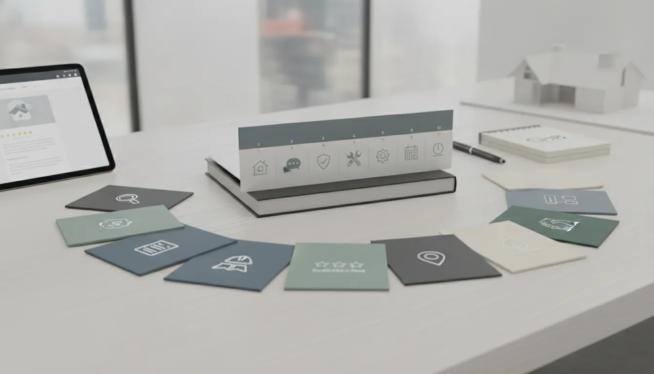Custom home builder reviews checklist with comparison cards and tablet on an office desk.