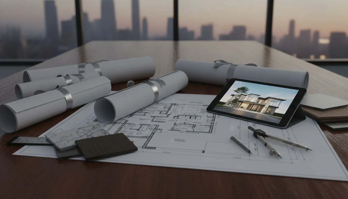 Luxury custom home floor plans with blueprints, tablet rendering, and architectural tools.