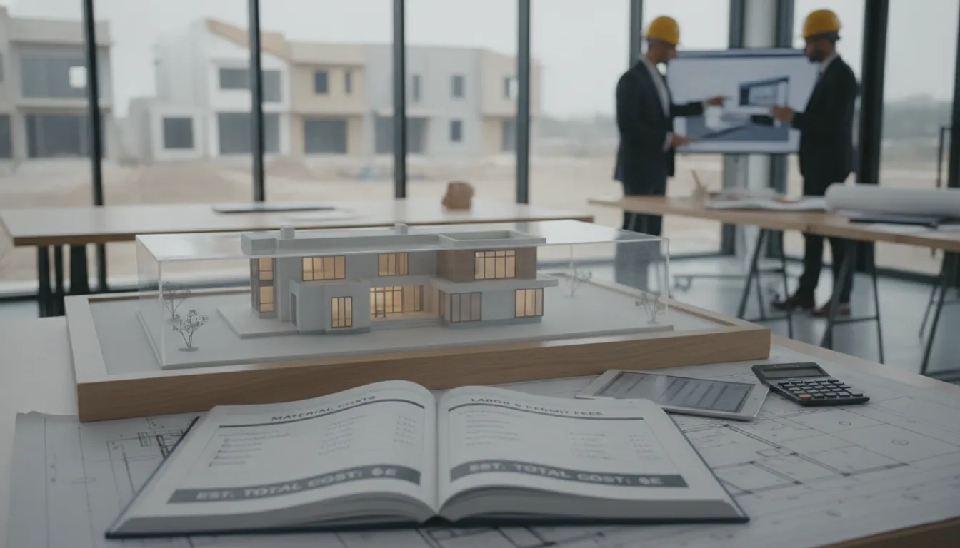 Modern custom home architectural model with blueprints and cost estimate documents.