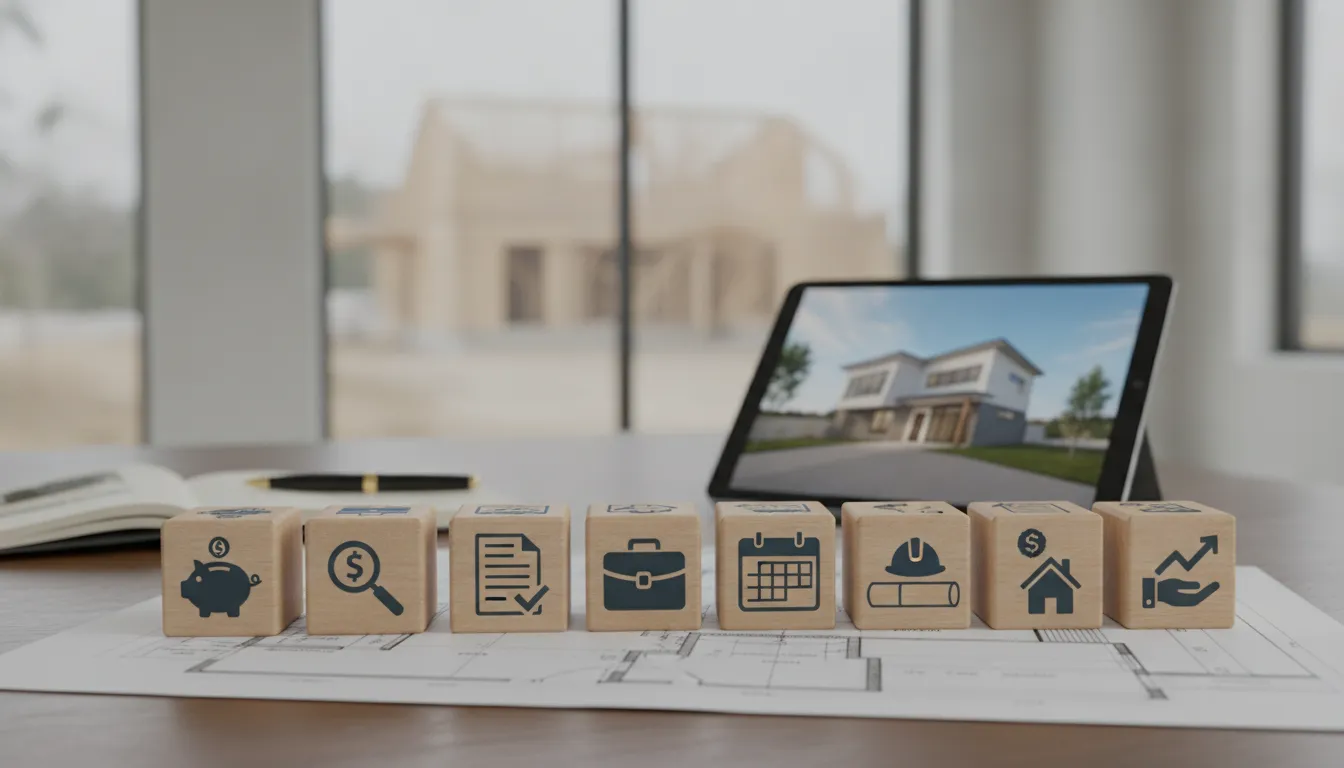 Finance and construction blocks on custom home plans beside a tablet showing a house design.
