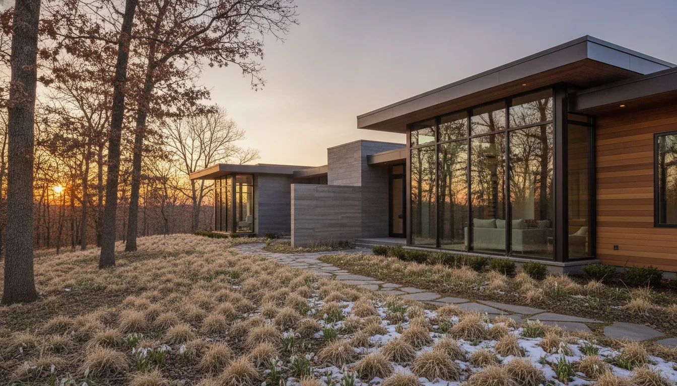 Luxury custom home exterior in Iowa with warm natural light and landscaped grounds