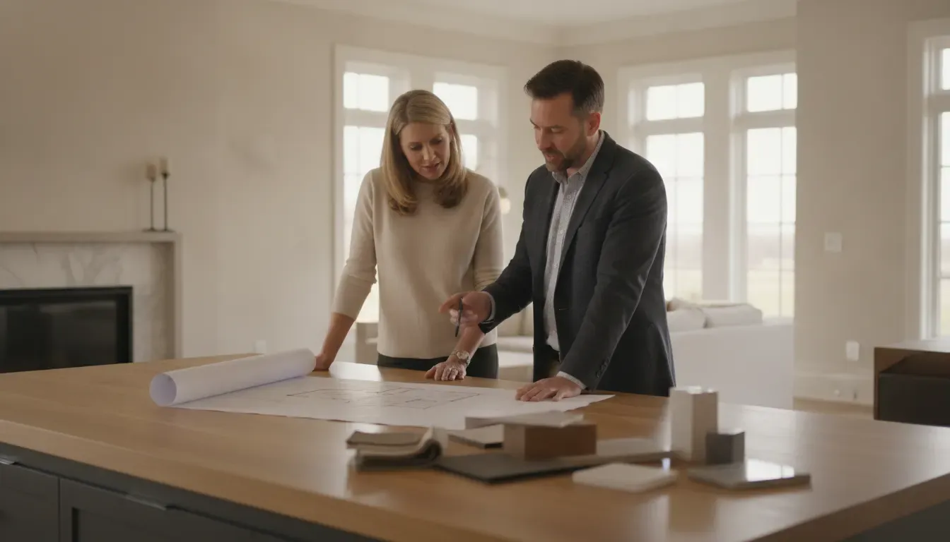 Homeowners reviewing a luxury home renovation plan with a design-build professional in a bright Des Moines home