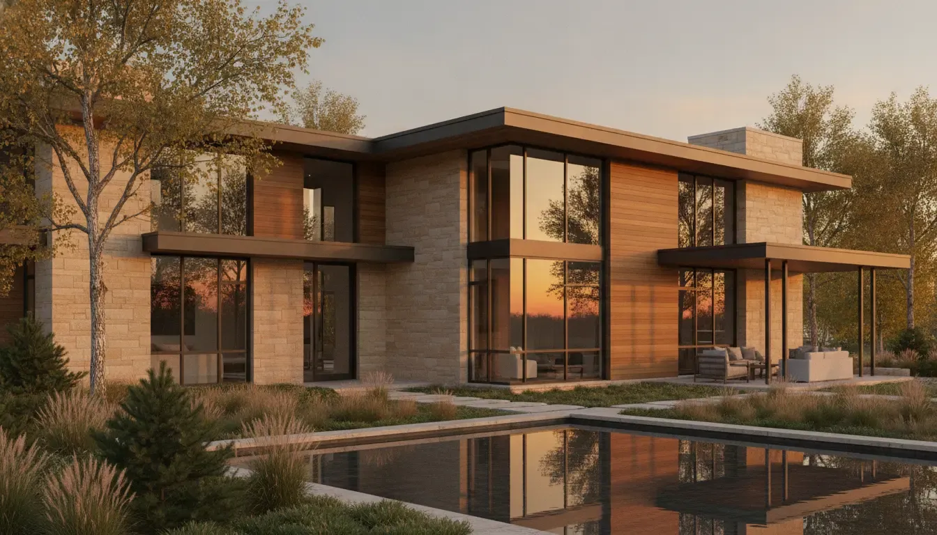 Refined custom home exterior in the Des Moines metro at sunset
