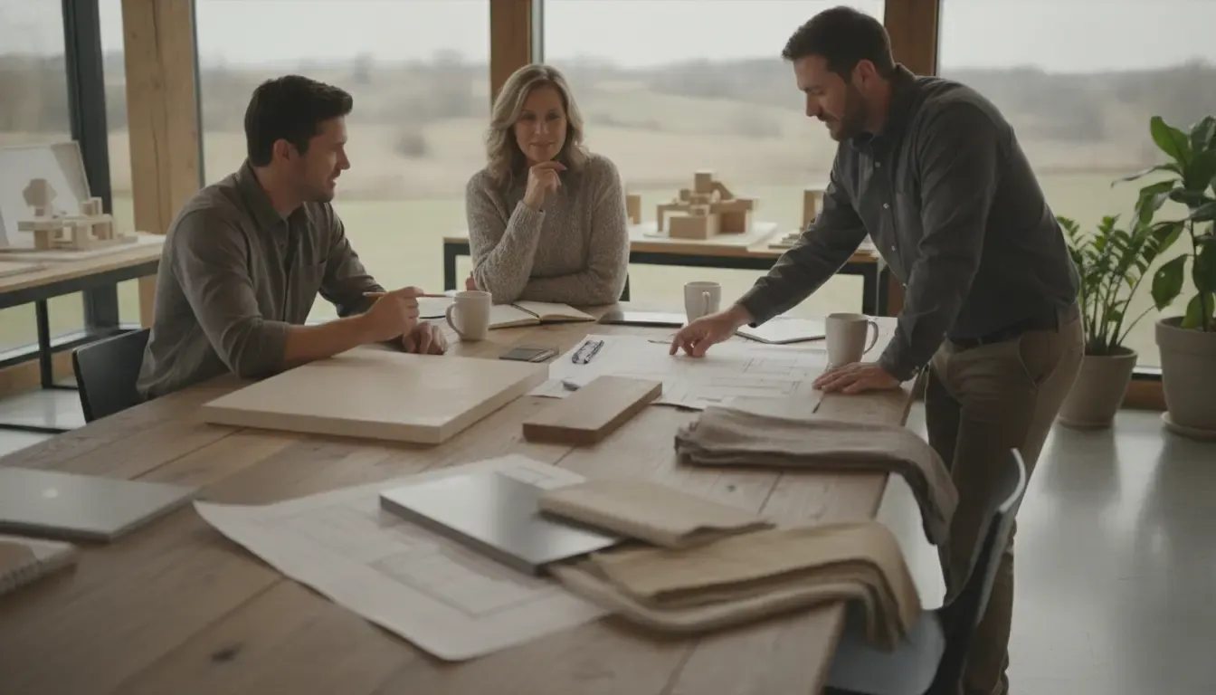 Homeowner reviewing materials and plans with a design-build team in Iowa