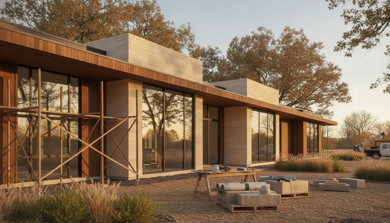 Luxury custom home under construction in Iowa during early autumn
