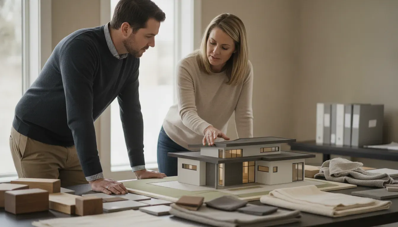 Homeowners reviewing a custom home model and material selections during planning