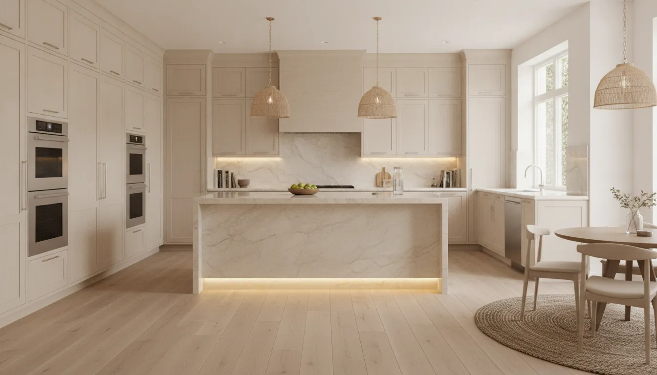 Luxury kitchen with custom cabinetry, refined stone, and natural light