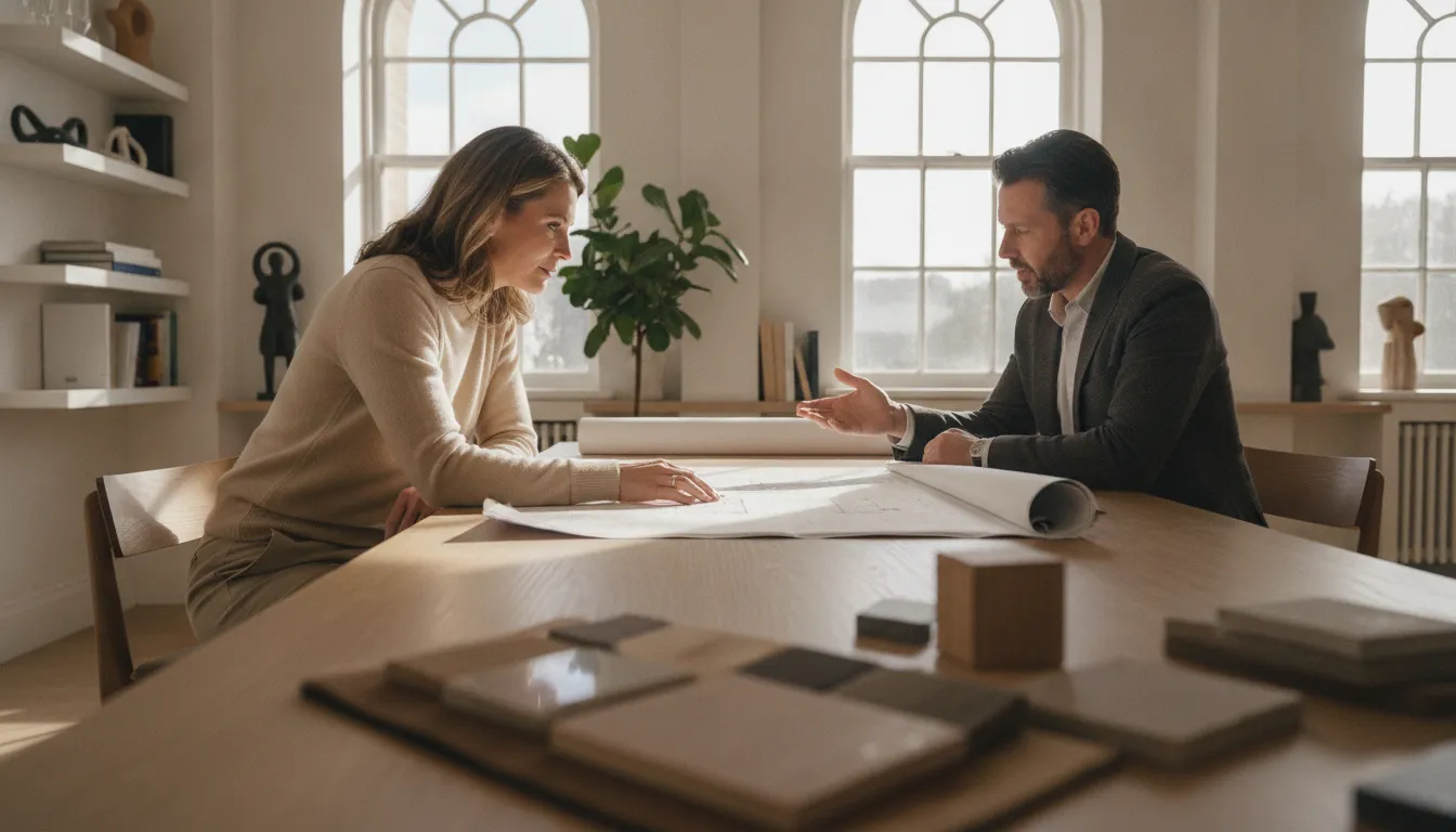 Homeowners reviewing custom home plans with a builder